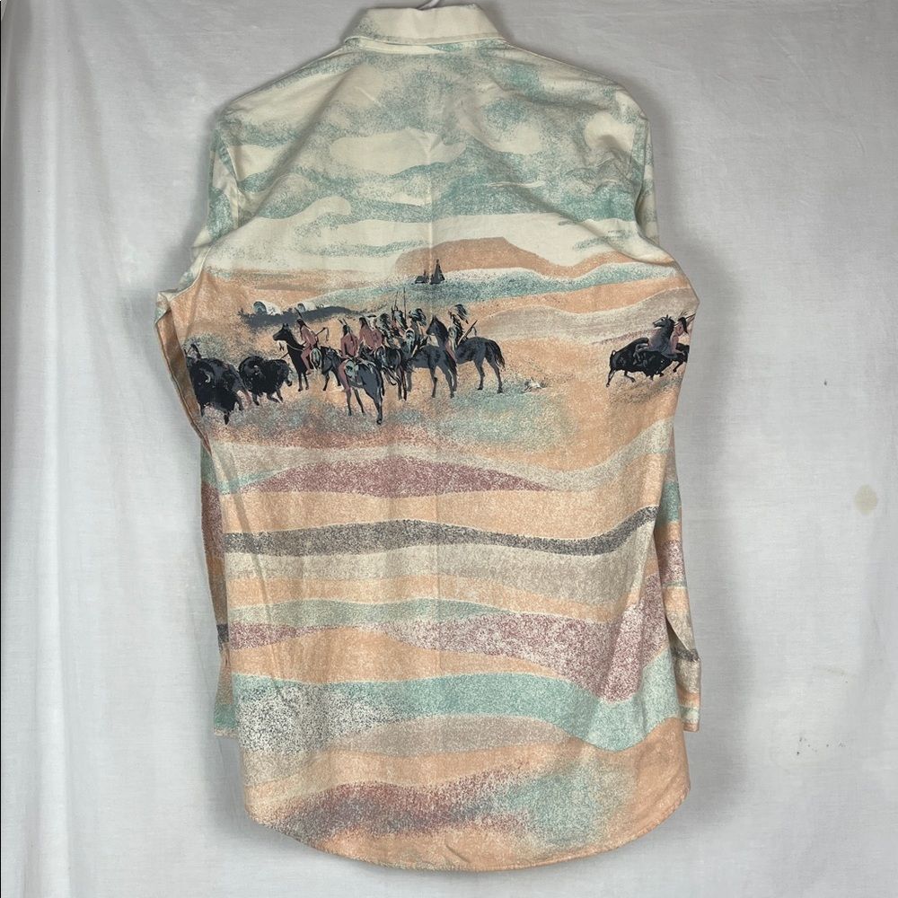 Vintage 1950s Roper Western Buffalo Hunting Pastel Button Down Shirt Men's M - Picture 9 of 11
